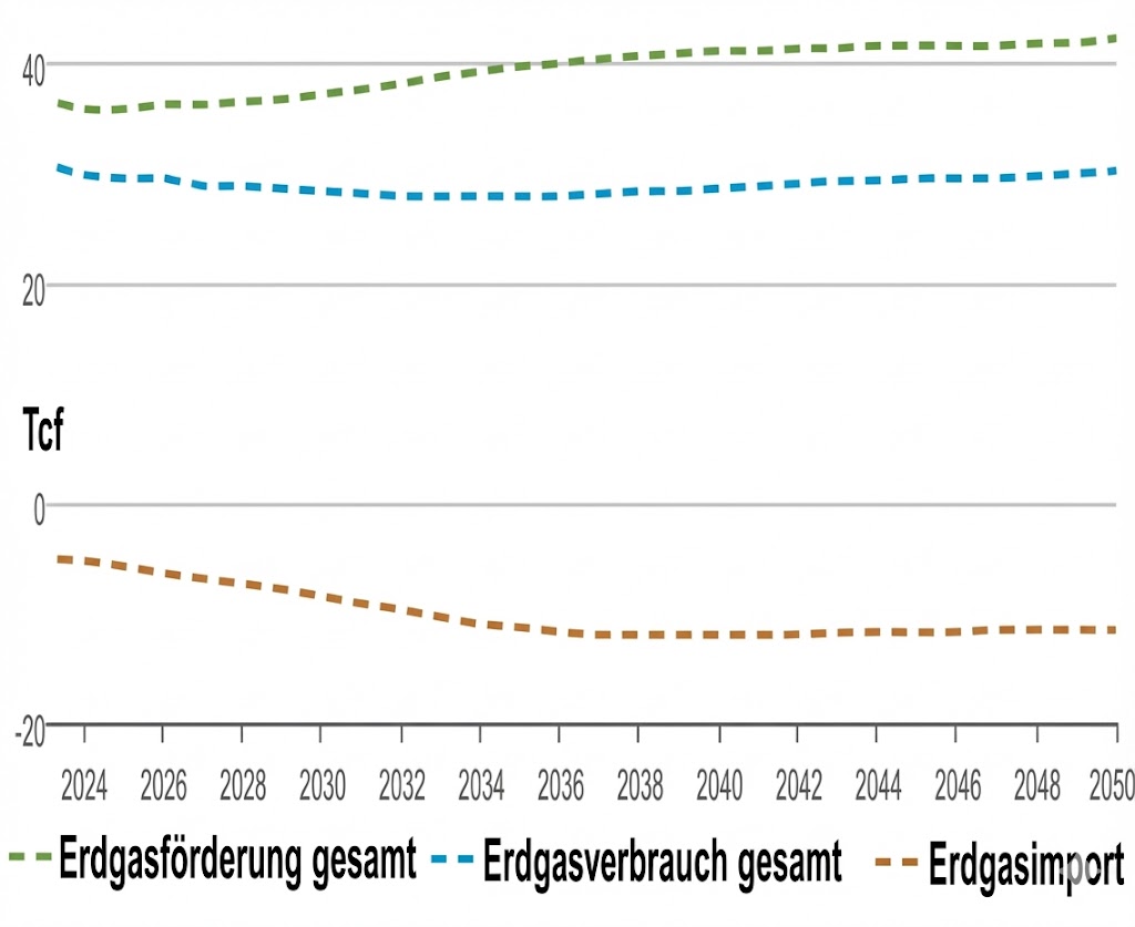 Liniendiagramm 2024–2050: Gesamte Erdgasförderung (grün), Verbrauch (blau) und Import (braun) in Tcf.